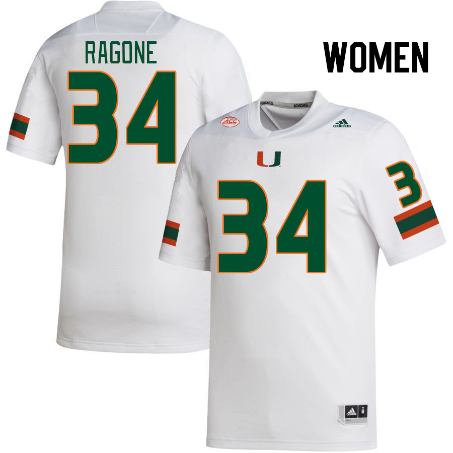 Women #34 Ryan Ragone Miami Hurricanes College Football Jerseys Stitched-White - Click Image to Close